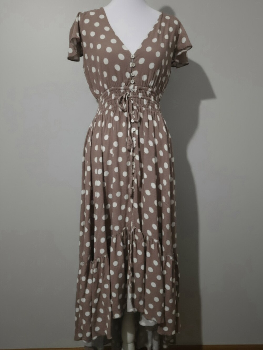 Lost In Lunar Polka Dot Maxi Dress in Taupe and White Size XS